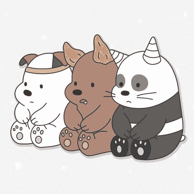 three bears sitting next to each other with one wearing a bandage on his head