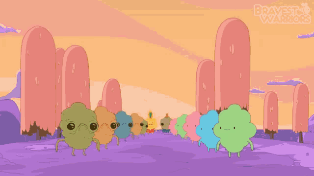 a bunch of cartoon characters are walking in a field with the words mystic warriors in the corner