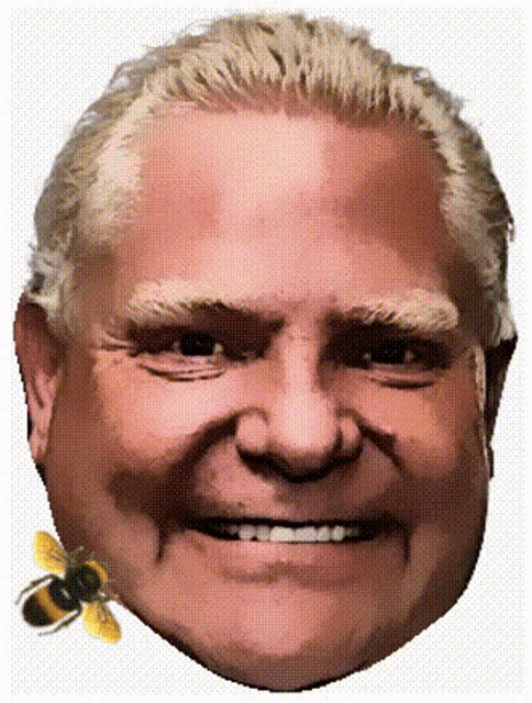 a close up of a man 's face with a bee on his ear