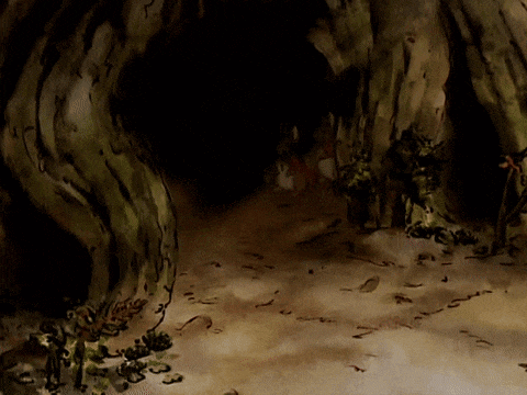 a drawing of a dark cave with a tree trunk in the foreground