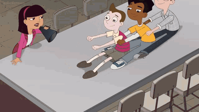 a cartoon of a girl holding a megaphone next to a group of kids sitting on a table