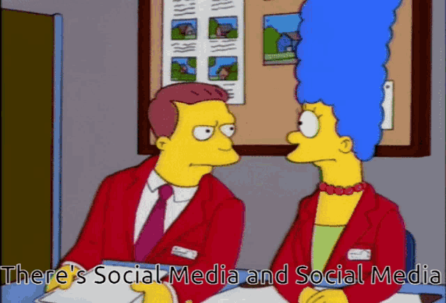 a cartoon of a man and a woman with the words " there 's social media and social media " below them