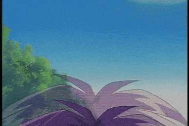 a close up of a purple haired anime character