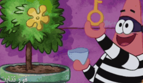a cartoon character holding a key in front of a plant