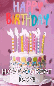 a happy birthday greeting card with a birthday cake and candles .