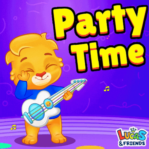 a picture of a lion holding a guitar with the words party time