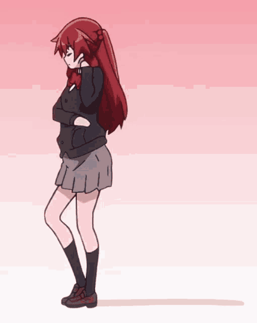 a girl with red hair is standing with her hands on her hips in front of a pink background