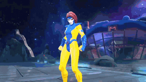 a woman in a yellow and blue superhero costume