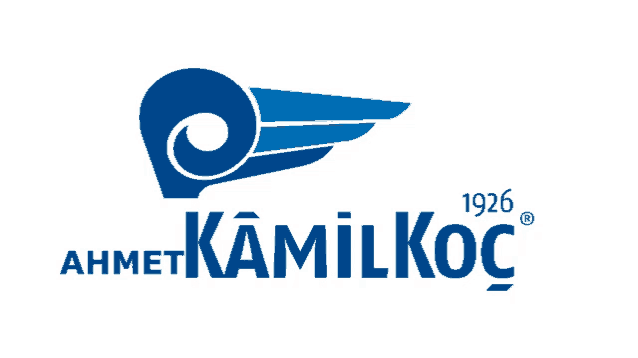 a blue logo for ahmet kamilkoc with a white background