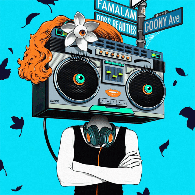 an illustration of a woman with a boombox on her head and a sign that says famalam ross beauties