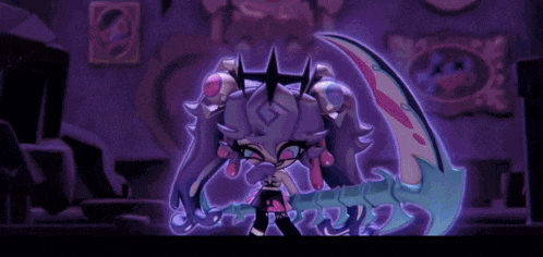 a cartoon character is holding a scythe with the words melanchream cookie the blue dead written below it