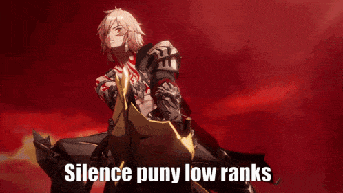 a video game character is holding an axe and says " silence puny low ranks " on the bottom