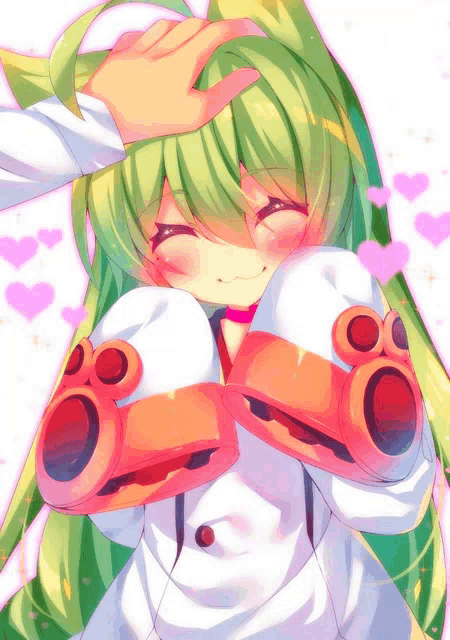 a girl with green hair is being petting by a person