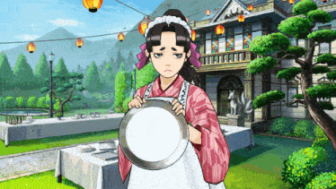 a woman in a maid outfit is holding a plate in front of a house