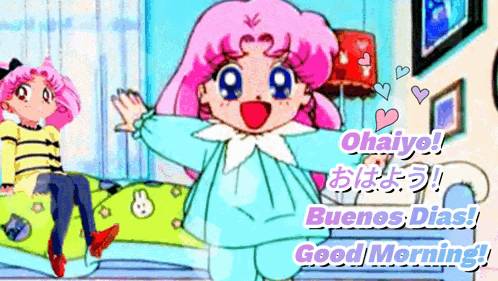 a cartoon of a girl with pink hair saying good morning