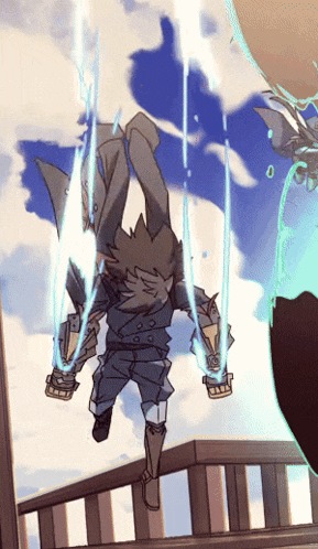 a cartoon drawing of a person holding a sword with a blue light coming out of it