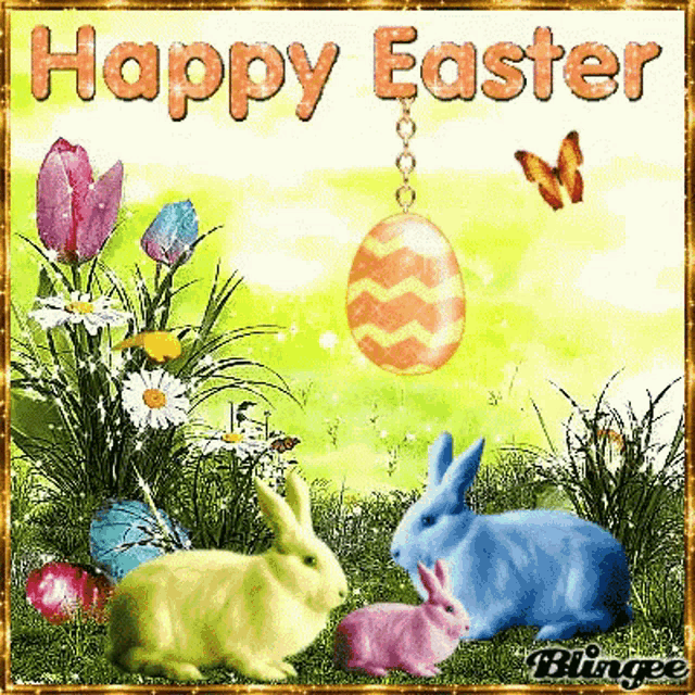 a happy easter greeting card with rabbits and an egg