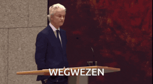 a man in a suit and tie stands at a podium with the word wegweisen on it