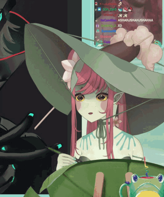 a drawing of a girl with pink hair and a green hat with a frog sitting next to her