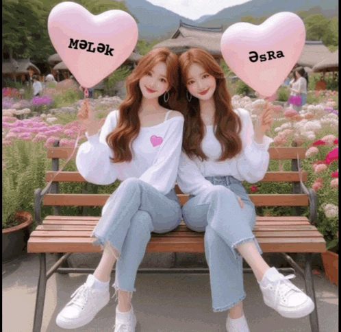 two girls are sitting on a bench holding pink heart shaped balloons with the names malak and asra on them