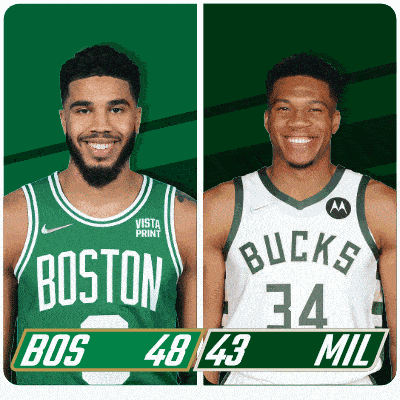 two basketball players wearing boston and bucks uniforms