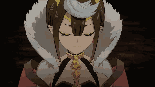 a close up of a cartoon character with a fur collar