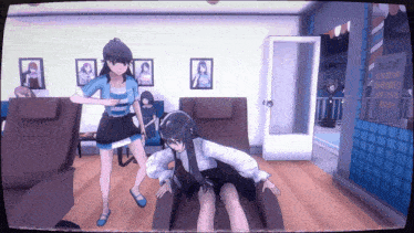 two anime girls standing next to each other in a room with a sign that says barber shop