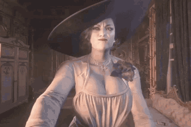a woman in a white dress and hat is taking a selfie in a room .