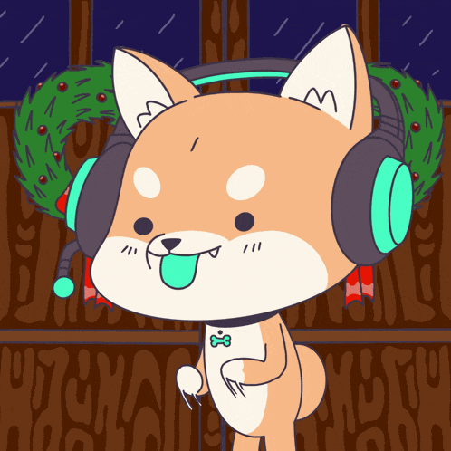 a cartoon of a dog wearing headphones with a wreath behind it