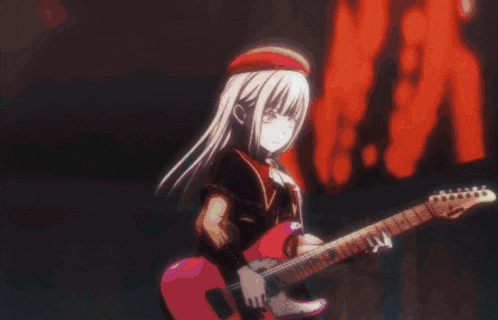 a girl in a red hat is playing a guitar in front of a wall that says ' ibanez ' on it