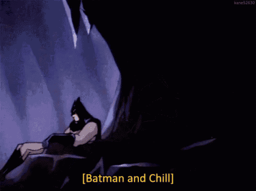 a cartoon of batman sitting on a rock saying [ batman and chill ]