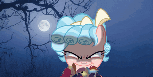 a cartoon pony with blue hair and a yellow bow on her head