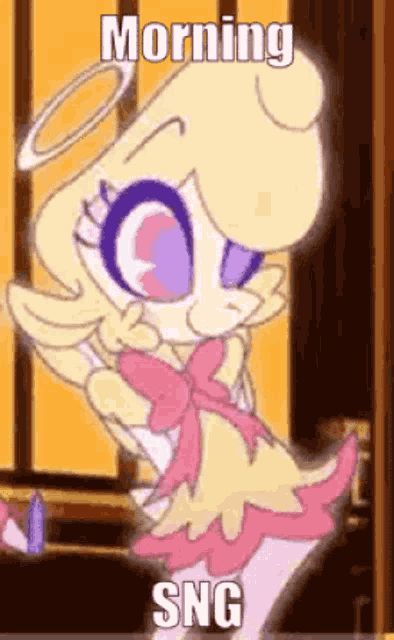 a cartoon of a girl with a pink bow and the words morning sng