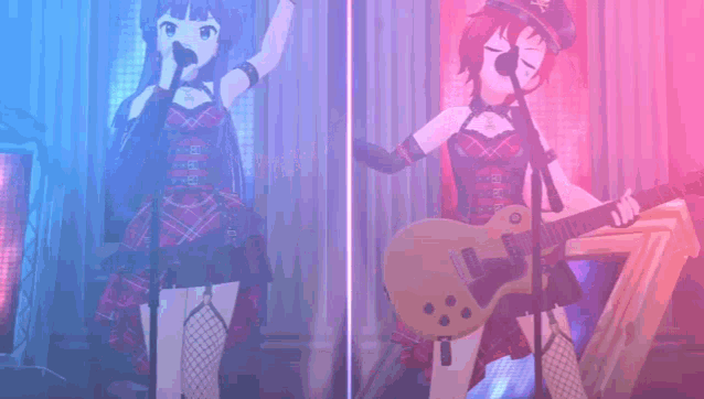 a girl singing into a microphone next to another girl holding a guitar