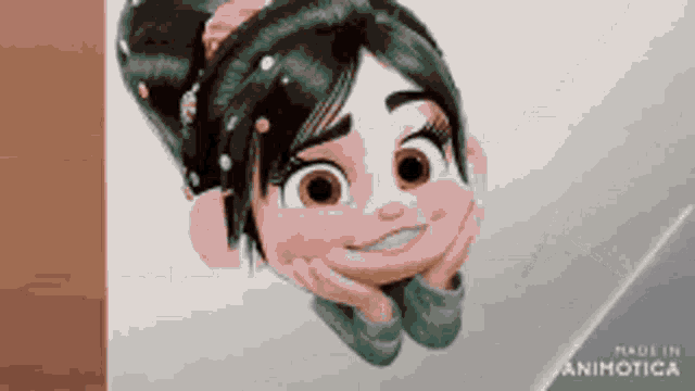 a cartoon girl is smiling with her hands on her chin