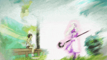 a painting of a girl sitting on a bench and a woman with a cane in a field
