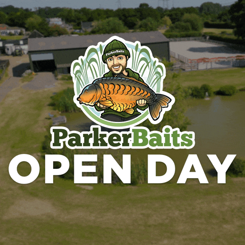 a poster for parker baits open day shows a man holding a fish