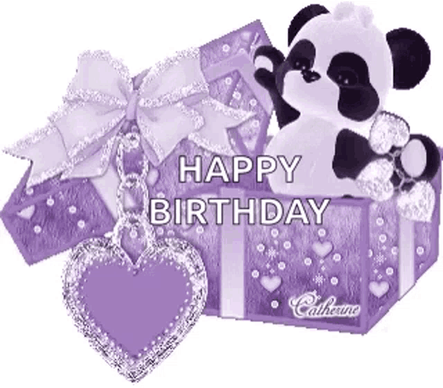 a panda bear is sitting in a purple gift box with the words happy birthday