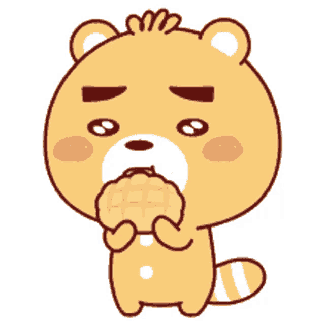 a cartoon bear is eating a waffle with a sad look on his face