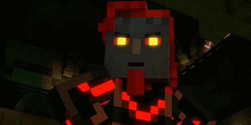 a minecraft character with glowing yellow eyes and a beard