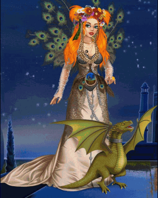 a woman with peacock feathers on her head stands next to a dragon