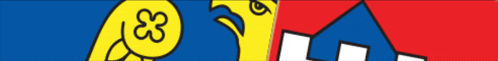 a blue and red flag with a yellow flower on the left