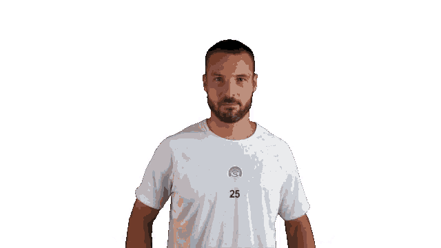 a man with a beard is wearing a white shirt with the number 25 on it .