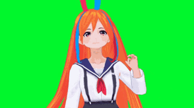 a girl with long orange hair is wearing a sailor suit and suspenders