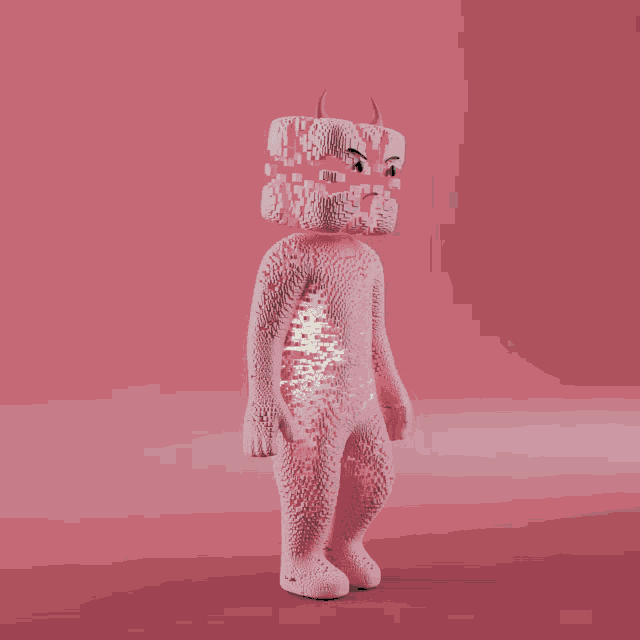 a cartoon character with a pixelated face and horns walking on a pink background