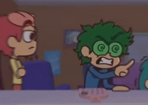 two cartoon characters are standing next to each other in a room . one of the characters is wearing green glasses .