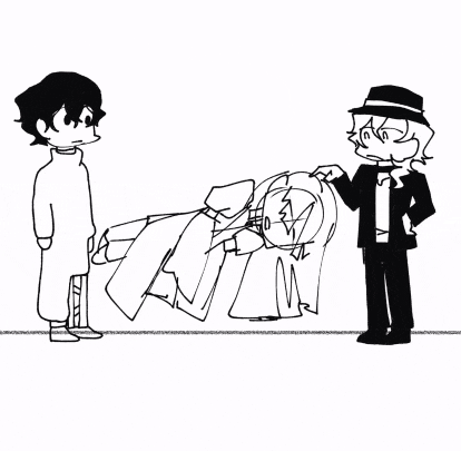 a black and white drawing of a man in a suit standing next to a woman laying on the ground .