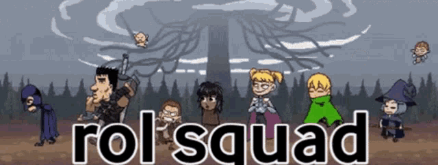 a group of cartoon characters are standing in front of a sign that says rol squad