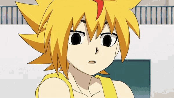 a close up of a yellow haired anime character