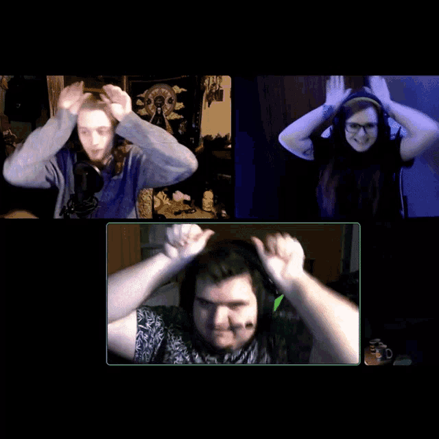 a man and a woman wearing headphones are having a video call